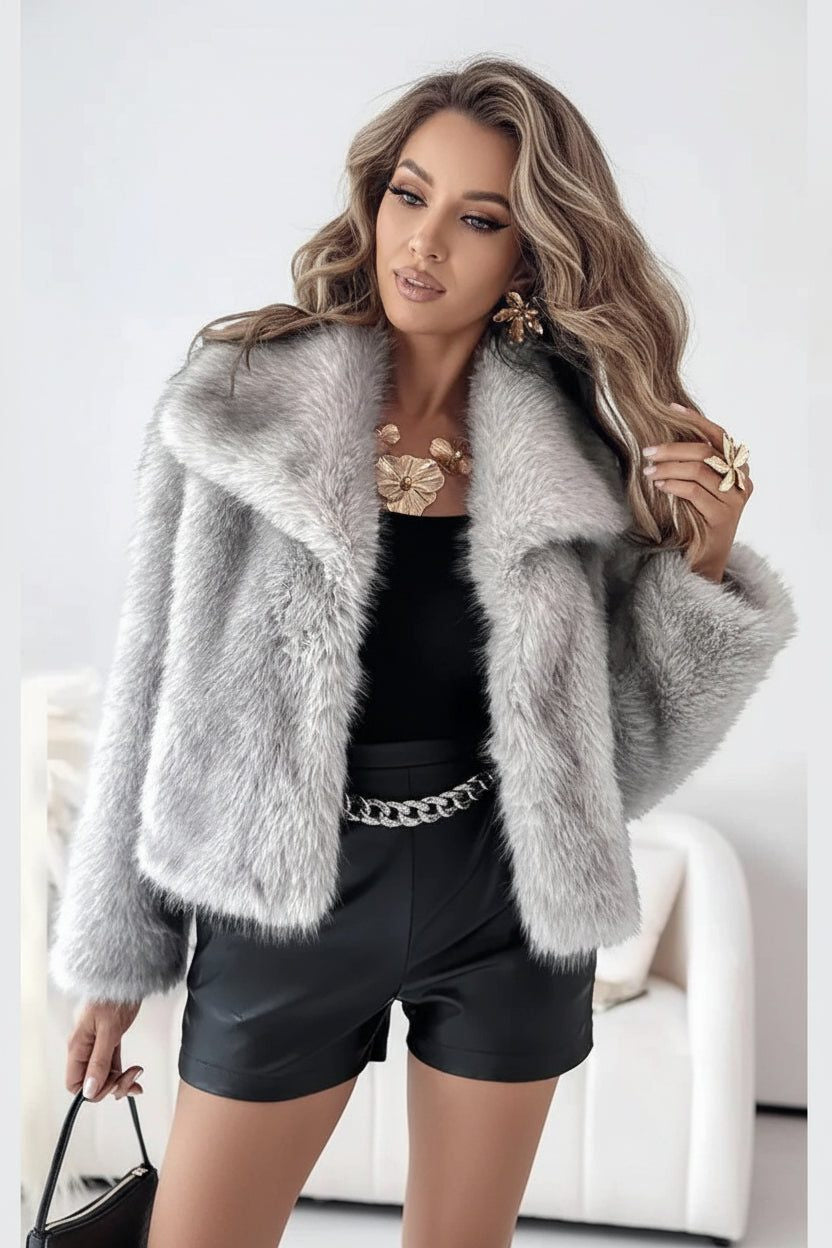 Cropped Faux Fur Coat with Notch Collar and Long Sleeves