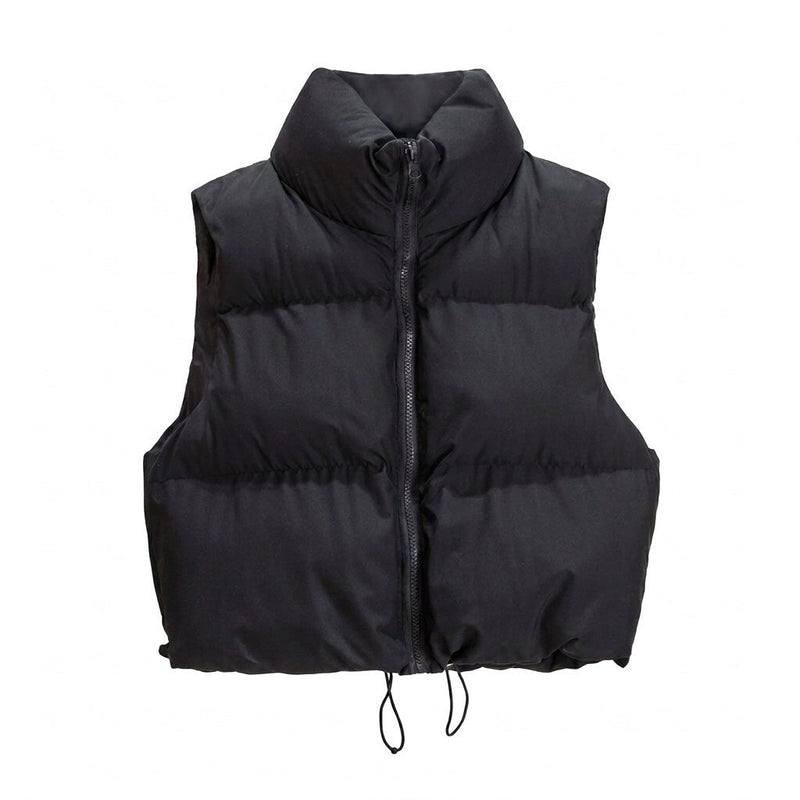 Cropped Quilted Puffer Vest with Stand Collar and Zip