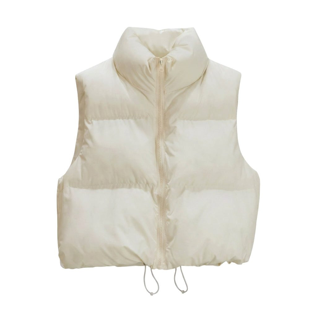 Cropped Quilted Puffer Vest with Stand Collar and Zip