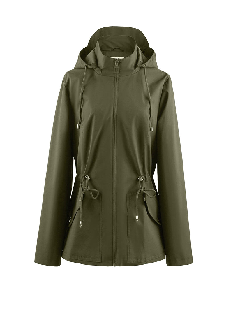 Hooded Zip-Up Rain Jacket with Waist Adjusters