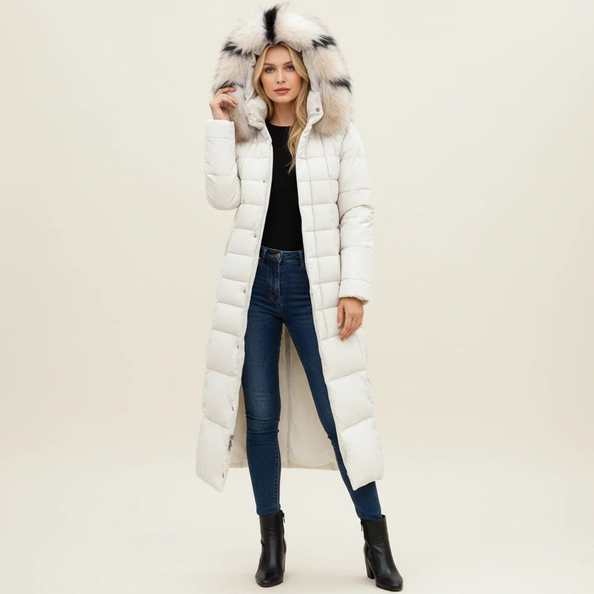 Longline Quilted Puffer Coat with Faux Fur Hood and Belt