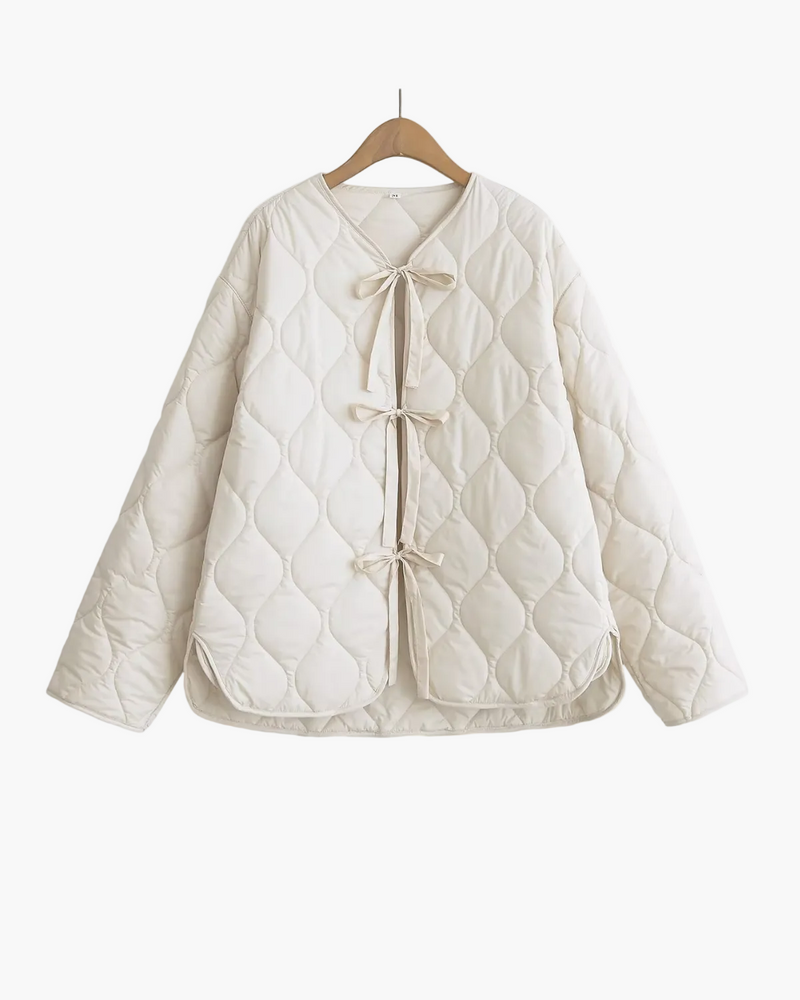 Quilted Jacket with Front Bow Ties and Round Neck