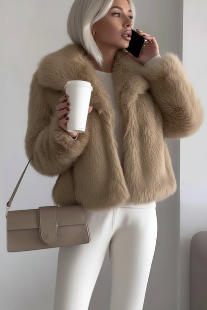 Cropped Faux Fur Coat with Notch Collar and Long Sleeves