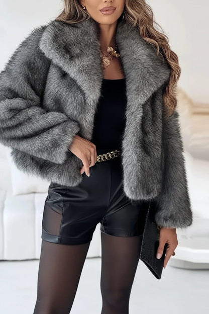 Cropped Faux Fur Coat with Notch Collar and Long Sleeves