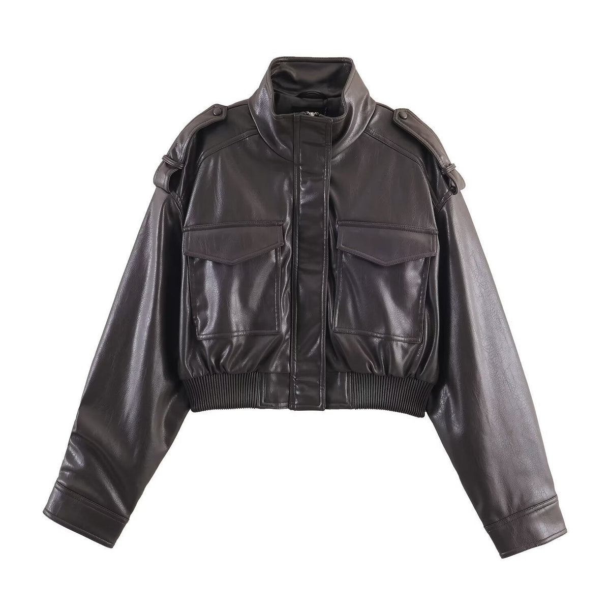 Cropped Faux Leather Bomber Jacket with Zip Front