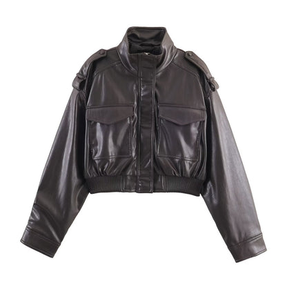 Cropped Faux Leather Bomber Jacket with Zip Front