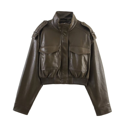 Cropped Faux Leather Bomber Jacket with Zip Front