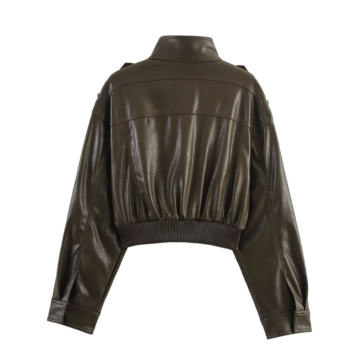 Cropped Faux Leather Bomber Jacket with Zip Front
