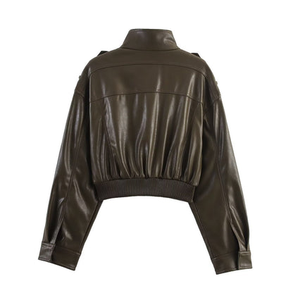 Cropped Faux Leather Bomber Jacket with Zip Front