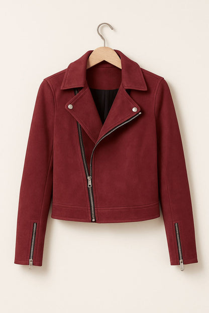 Cropped Faux Suede Biker Jacket with Asymmetric Zip