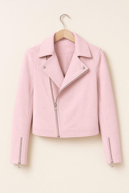 Cropped Faux Suede Biker Jacket with Asymmetric Zip