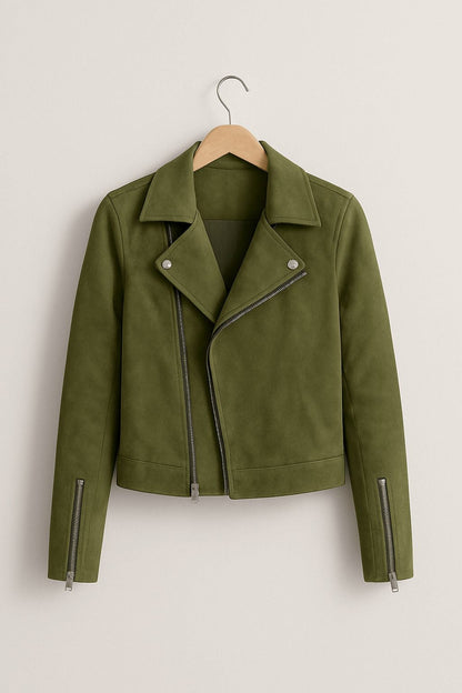 Cropped Faux Suede Biker Jacket with Asymmetric Zip