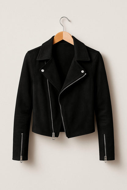 Cropped Faux Suede Biker Jacket with Asymmetric Zip