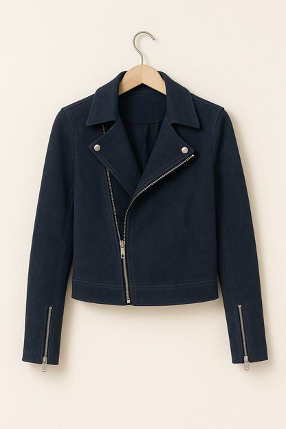 Cropped Faux Suede Biker Jacket with Asymmetric Zip
