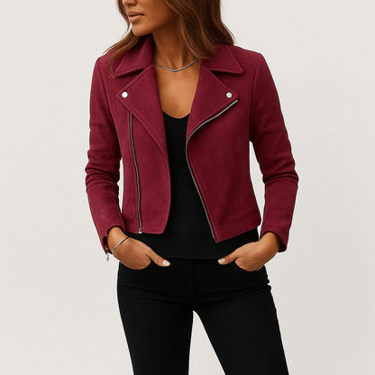 Cropped Faux Suede Biker Jacket with Asymmetric Zip