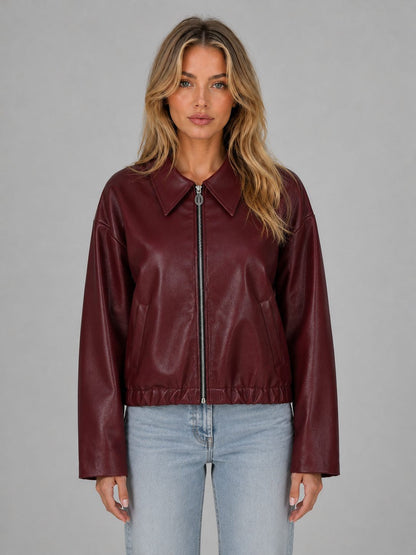 Cropped Leather-Look Jacket with Collar and Zip Front