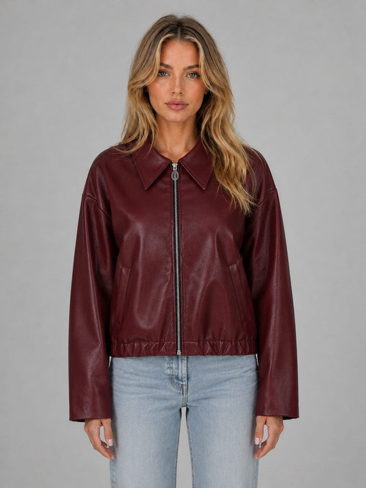 Cropped Leather-Look Jacket with Collar and Zip Front