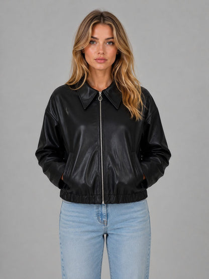 Cropped Leather-Look Jacket with Collar and Zip Front
