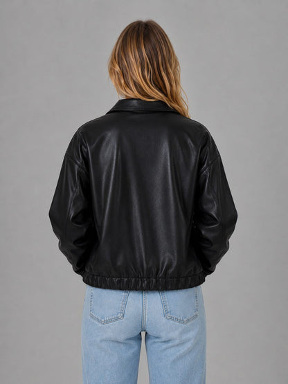 Cropped Leather-Look Jacket with Collar and Zip Front