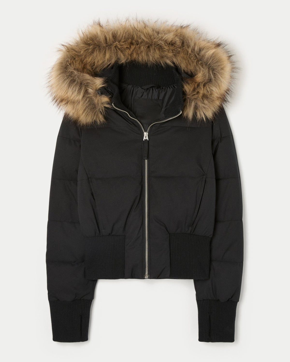 Cropped Puffer Jacket with Faux Fur Collar and Zip Front