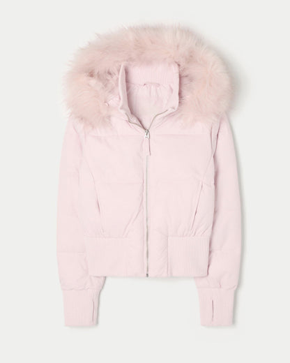 Cropped Puffer Jacket with Faux Fur Collar and Zip Front