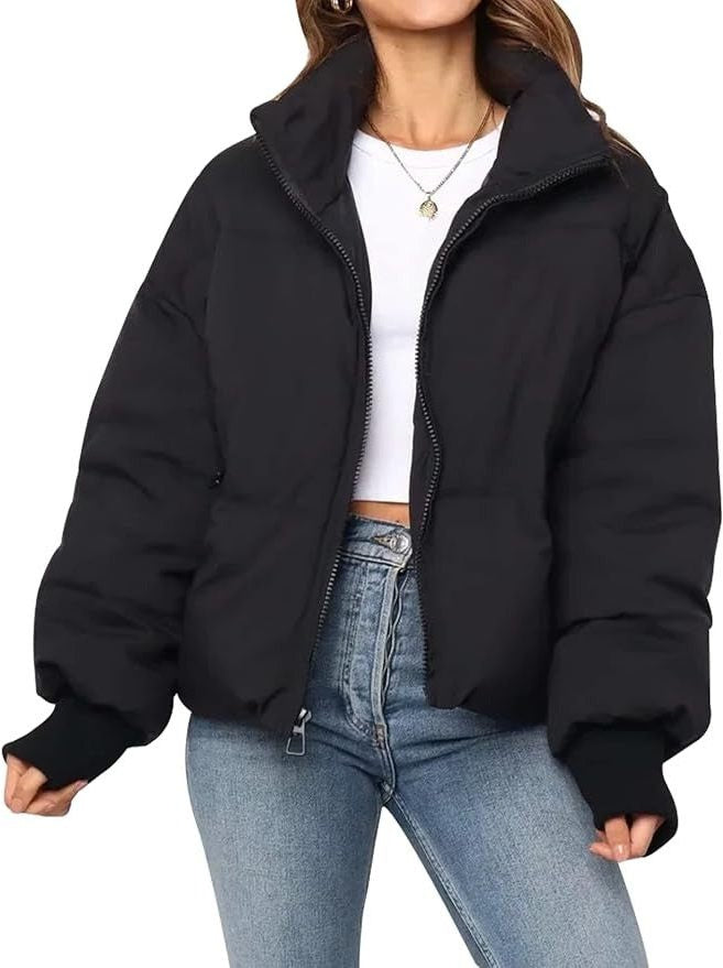 Cropped Quilted Puffer Jacket with Ribbed Cuffs and Hem