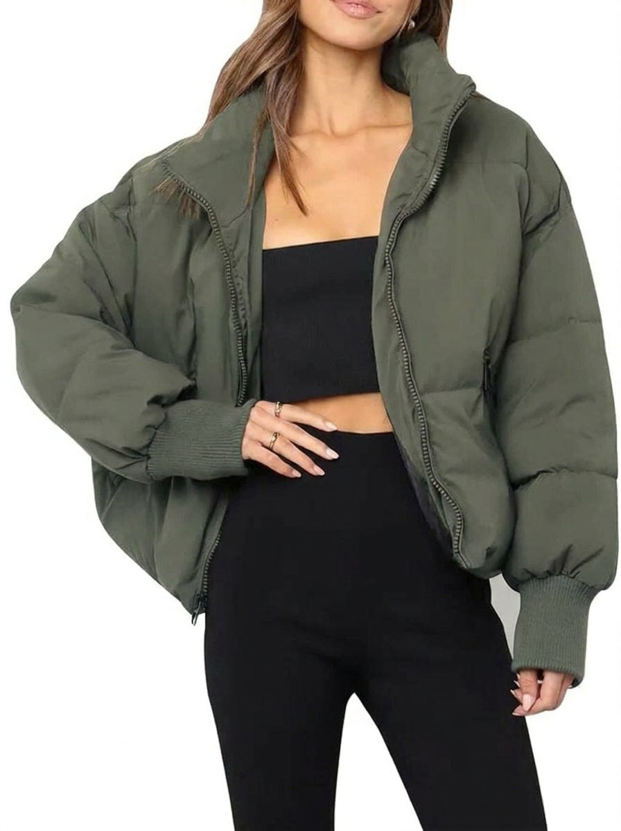 Cropped Quilted Puffer Jacket with Ribbed Cuffs and Hem
