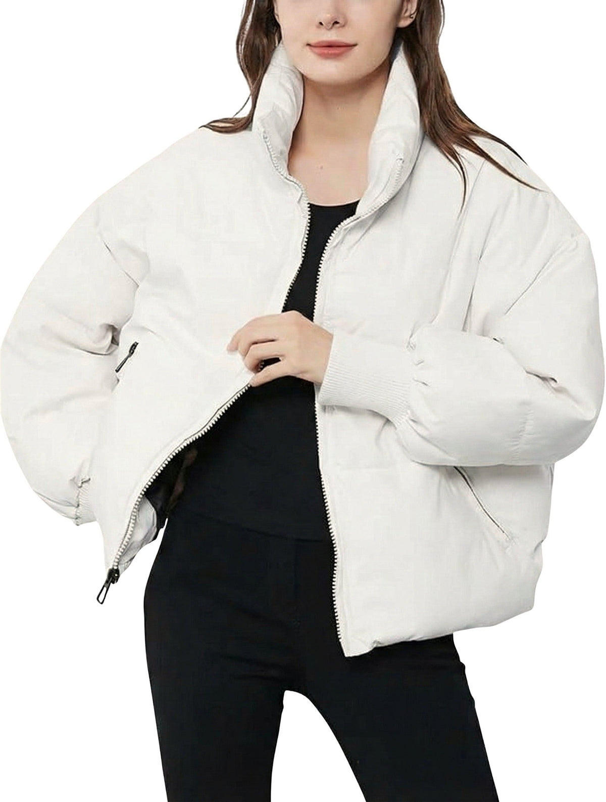 Cropped Quilted Puffer Jacket with Ribbed Cuffs and Hem