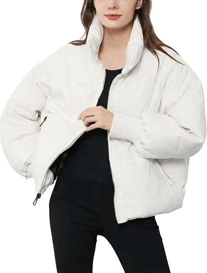 Cropped Quilted Puffer Jacket with Ribbed Cuffs and Hem