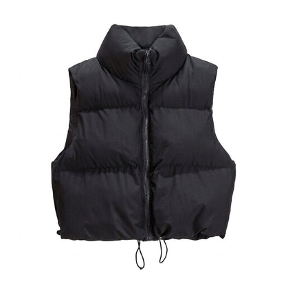 Cropped Quilted Puffer Vest with Stand Collar and Zip