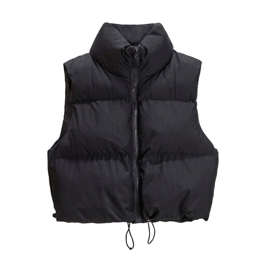 Cropped Quilted Puffer Vest with Stand Collar and Zip