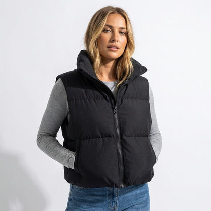 Cropped Quilted Puffer Vest with Stand Collar and Zip