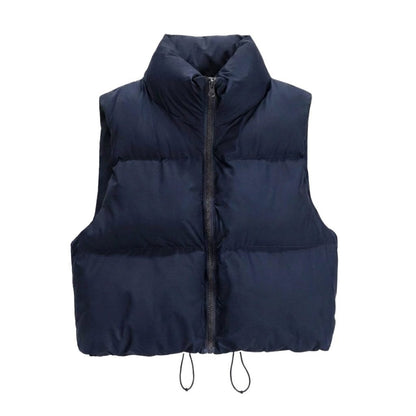 Cropped Quilted Puffer Vest with Stand Collar and Zip