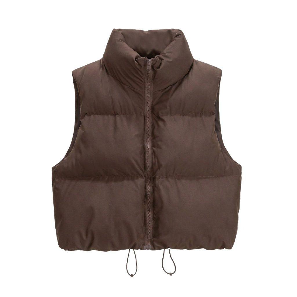 Cropped Quilted Puffer Vest with Stand Collar and Zip