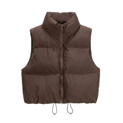 Cropped Quilted Puffer Vest with Stand Collar and Zip