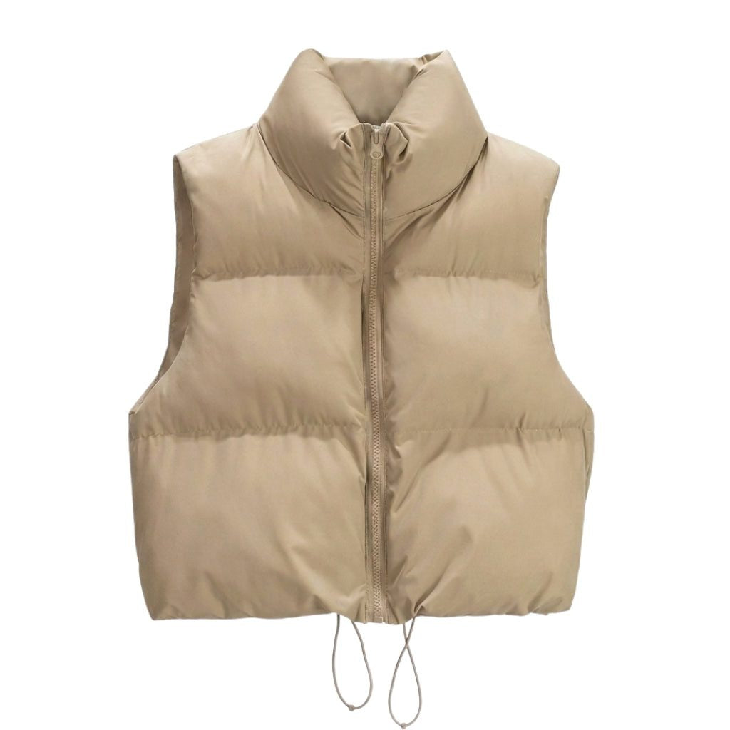 Cropped Quilted Puffer Vest with Stand Collar and Zip