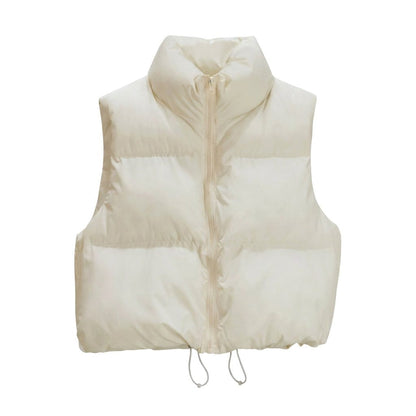 Cropped Quilted Puffer Vest with Stand Collar and Zip