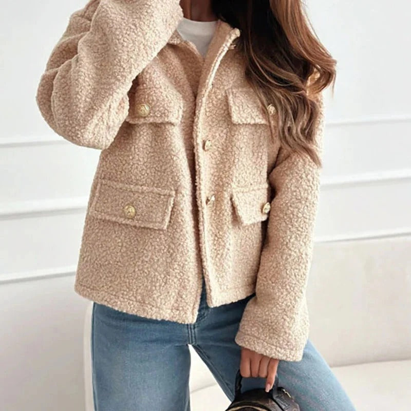 Cropped Teddy Jacket with Button Front and Flap Pockets