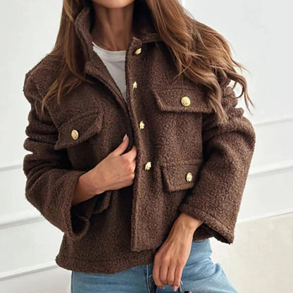 Cropped Teddy Jacket with Button Front and Flap Pockets