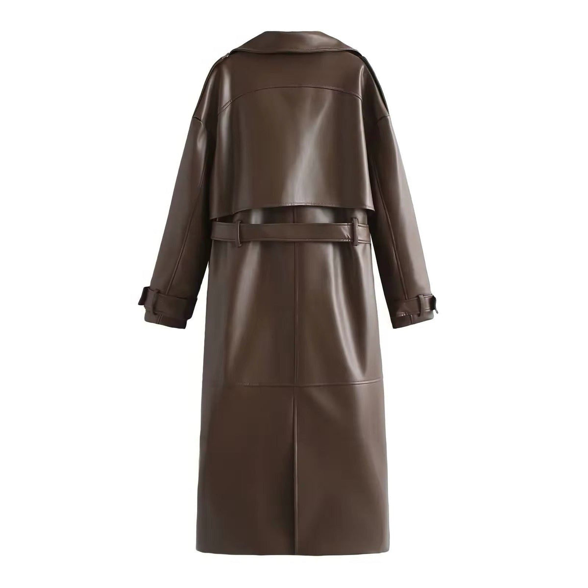 Double-Breasted Leather-Look Trench Coat with Buckled Cuffs