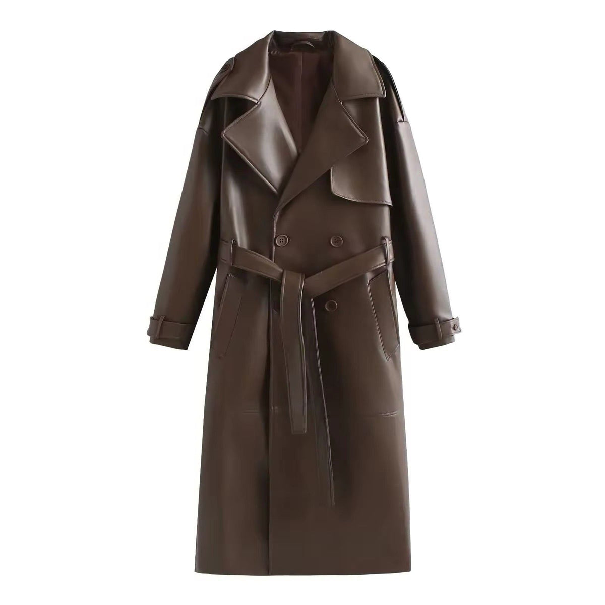 Double-Breasted Leather-Look Trench Coat with Buckled Cuffs