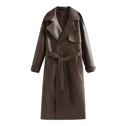 Double-Breasted Leather-Look Trench Coat with Buckled Cuffs
