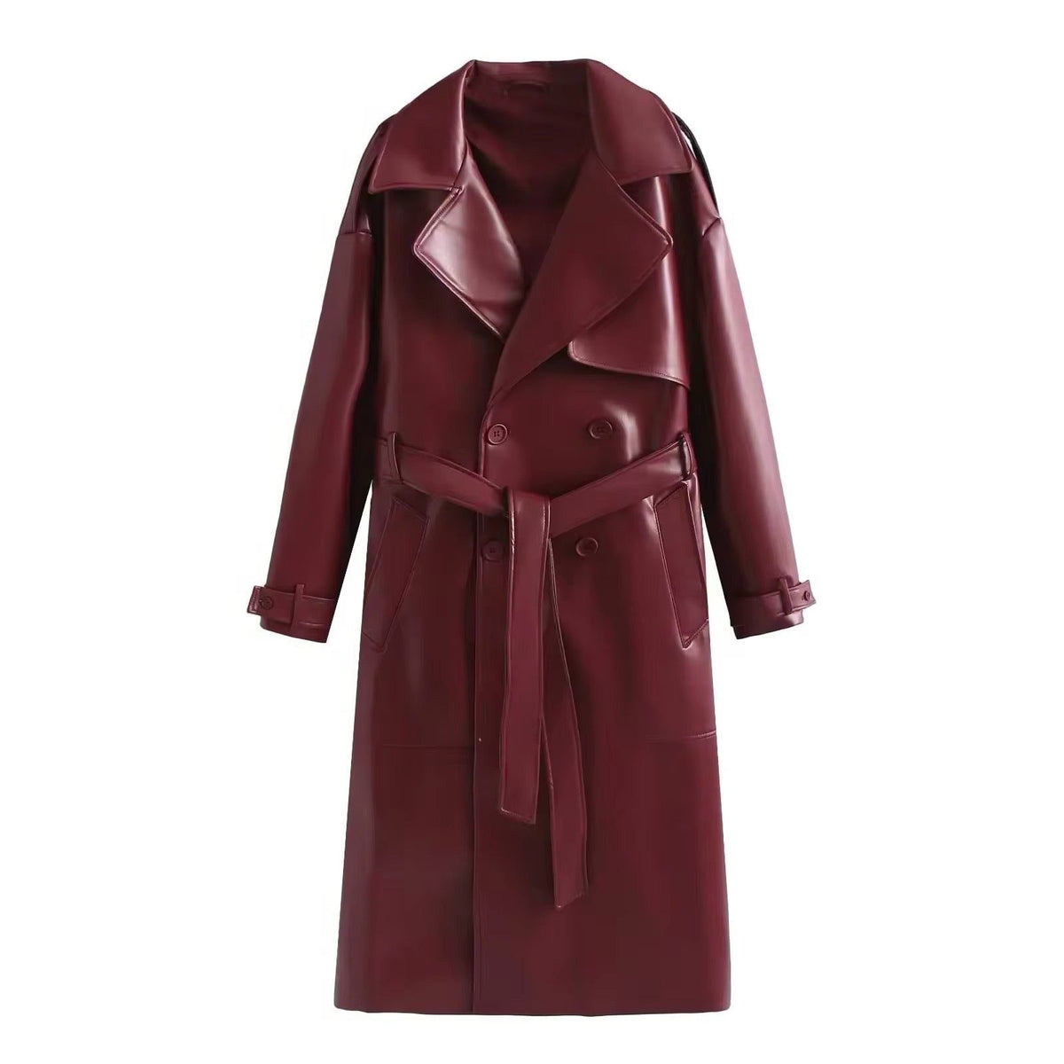 Double-Breasted Leather-Look Trench Coat with Buckled Cuffs