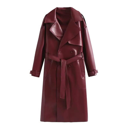Double-Breasted Leather-Look Trench Coat with Buckled Cuffs