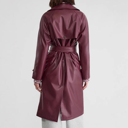 Double-Breasted Leather-Look Trench Coat with Striped Cuffs
