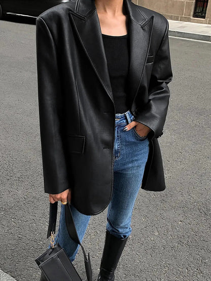 Faux Leather Oversized Blazer with Notch Lapels