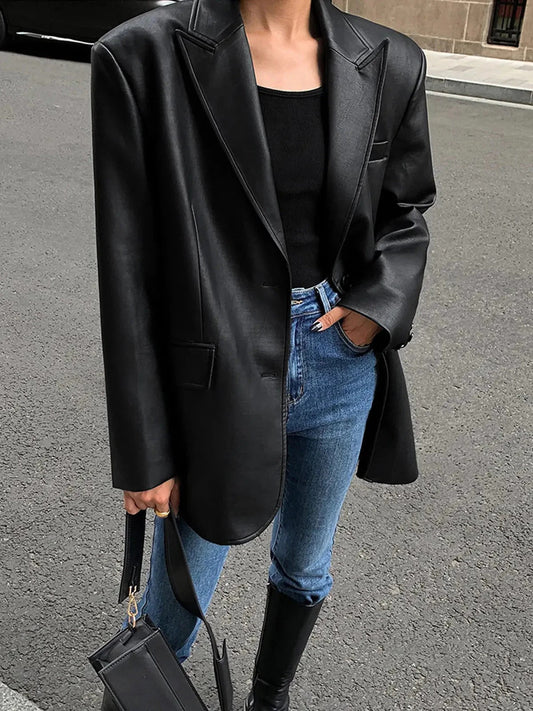 Faux Leather Oversized Blazer with Notch Lapels