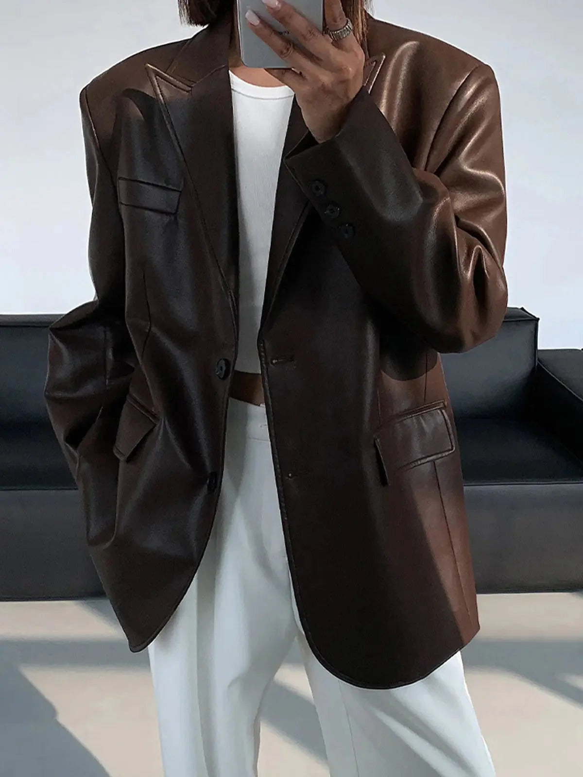 Faux Leather Oversized Blazer with Notch Lapels