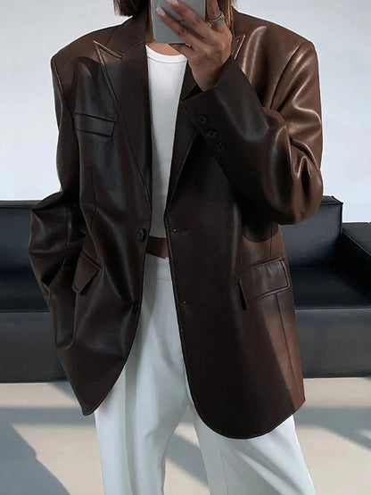 Faux Leather Oversized Blazer with Notch Lapels