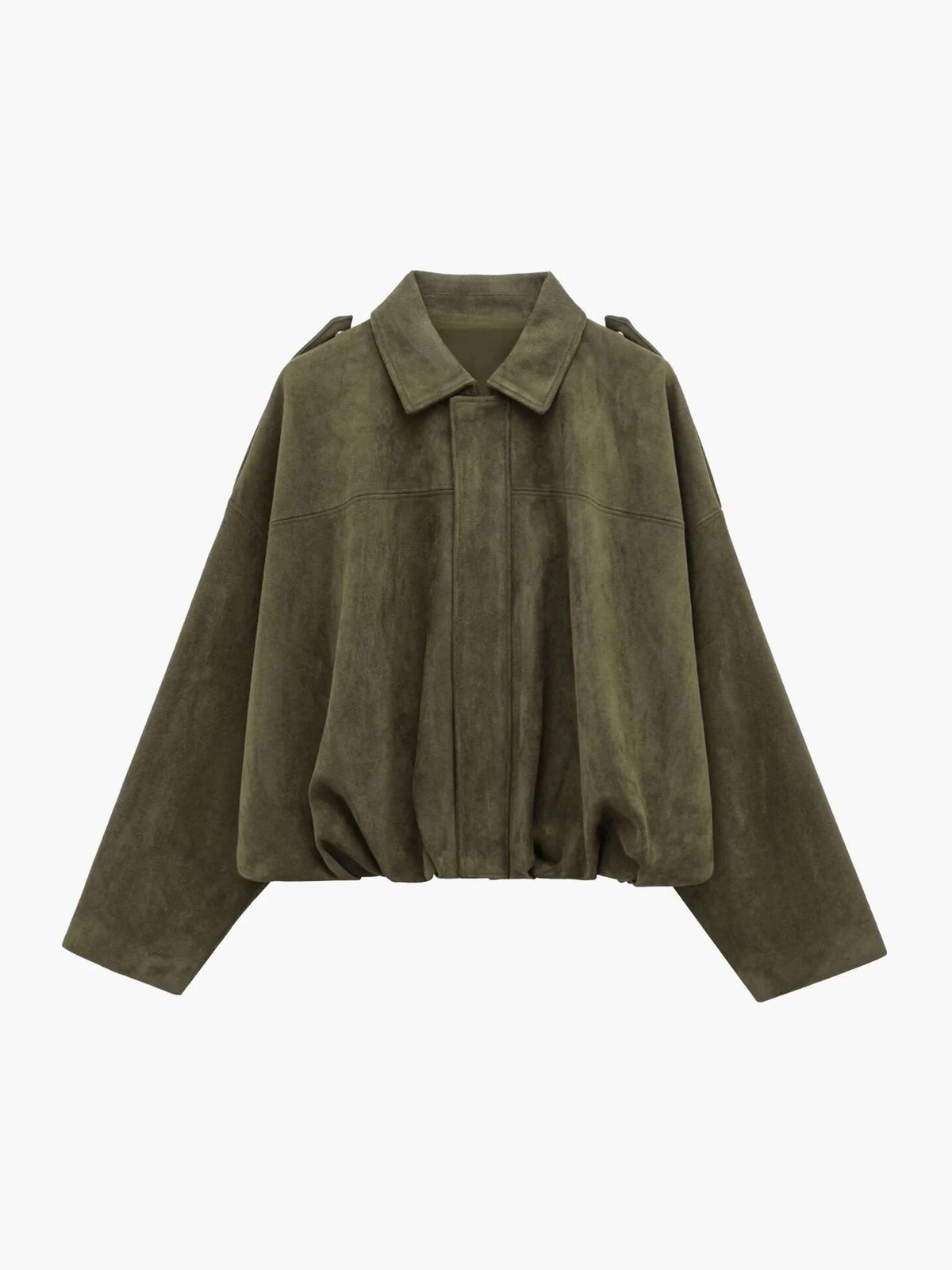 Faux Suede Bomber Jacket with Structured Shirt Collar